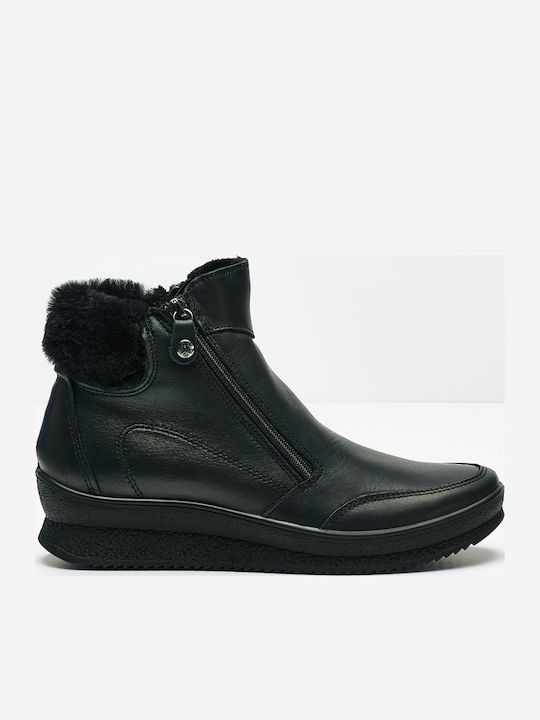 Leather Women's Ankle Boots Platform & Fur Black