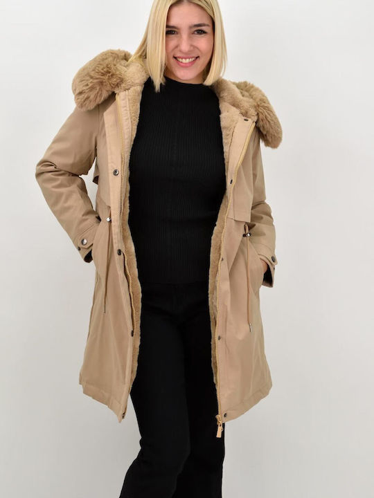 Women's Short Puffer Jacket for Winter with Hood Beige