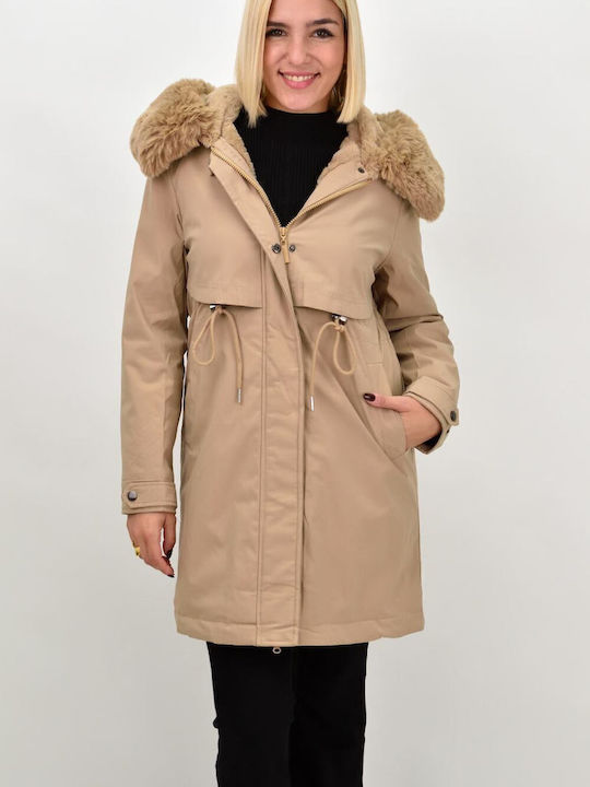 Women's Short Puffer Jacket for Winter with Hood Beige