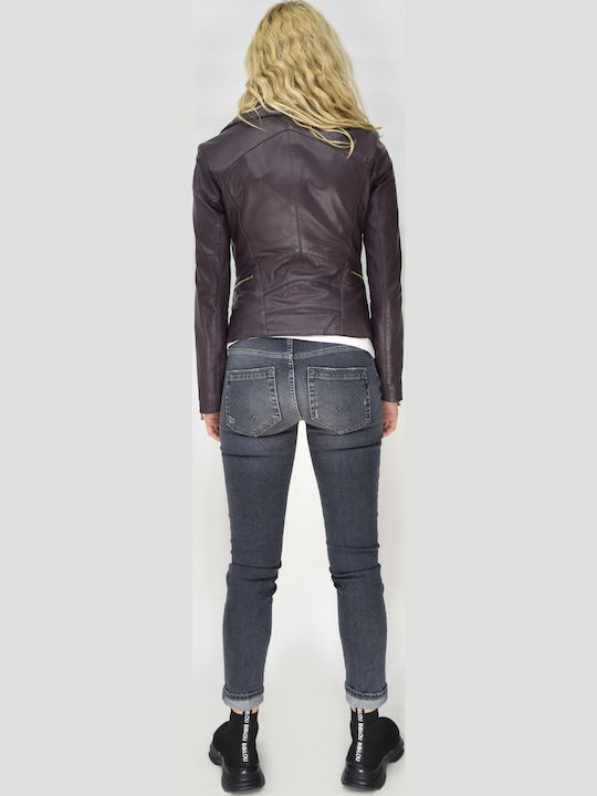 Women's Short Biker Leather Jacket for Winter Purple