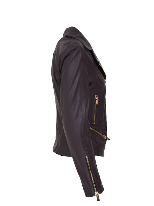 Women's Short Biker Leather Jacket for Winter Purple