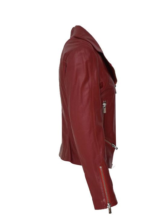 Women's Short Biker Leather Jacket for Winter Red