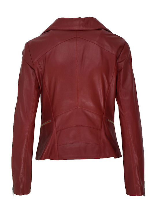 Women's Short Biker Leather Jacket for Winter Red