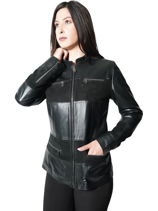 Women's Short Lifestyle Leather Jacket for Winter Black