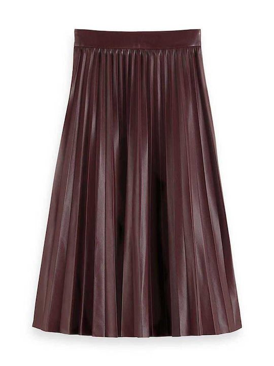 Scotch & Soda Leather Pleated High Waist Midi Skirt in Burgundy color