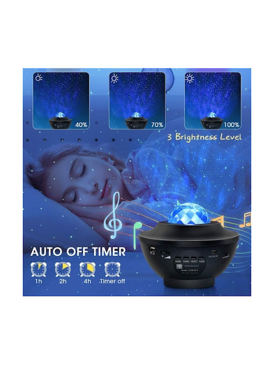 Led Περιστρεφόμενο Παιδικό Φωτιστικό Projector με Προβολή Αστεριών με Εναλλαγές Χρωματισμών Μαύρο 16x16x11εκ.