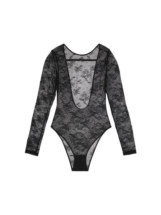 Long Sleeve Bodysuit with Lace Black