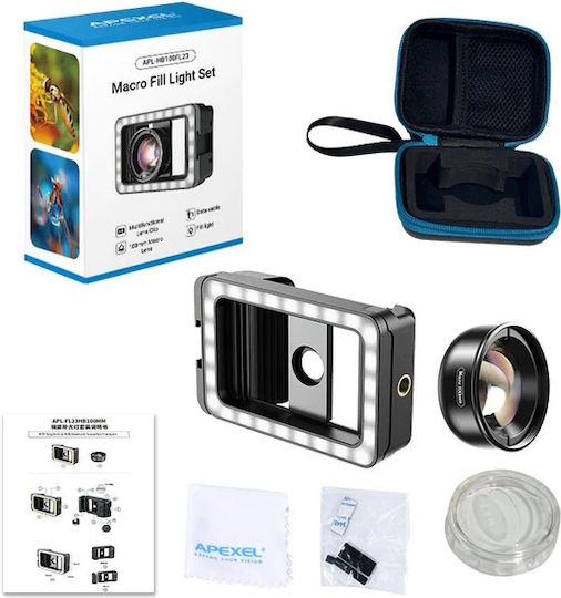 Apexel 3 in 1 Mobile Phone Clip, Macro Lens 100mm and Fill Light Phone Camera Lens Set Macro