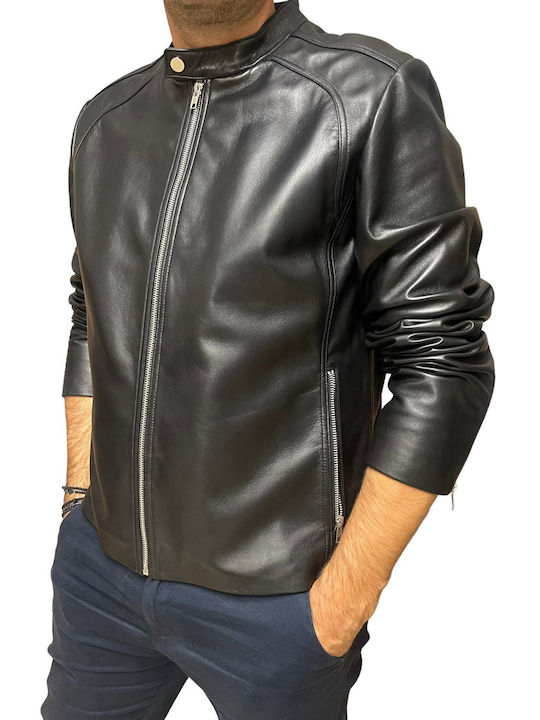 MARKOS LEATHER Ανδρικό Δερμάτινο Χειμωνιάτικο Μπουφάν Biker Μαύρο