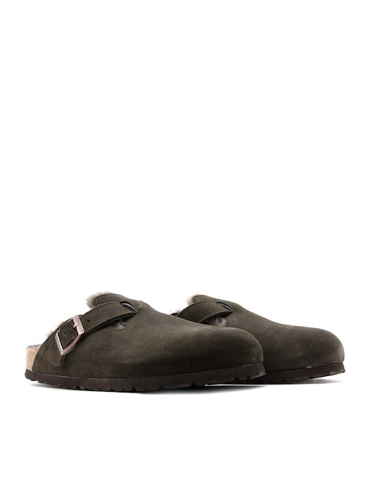 Boston Suede Shearling Χειμερινές Γυναικείες Παντόφλες με Γούνα Mocca Narrow Fit