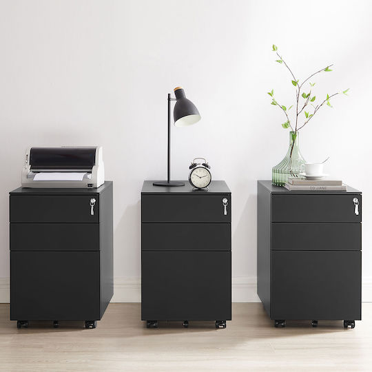 Büroaufbewahrungsschublade aus Metall mit Rädern und Schloss Schwarz 52x39x60cm