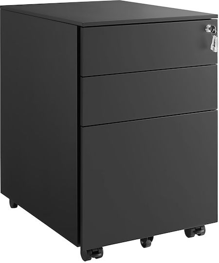 Büroaufbewahrungsschublade aus Metall mit Rädern und Schloss Schwarz 52x39x60cm