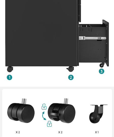 Büroaufbewahrungsschublade aus Metall mit Rädern und Schloss Schwarz 52x39x60cm