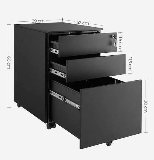 Büroaufbewahrungsschublade aus Metall mit Rädern und Schloss Schwarz 52x39x60cm