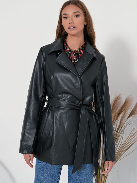 Fullah Sugah Women's Leather Short Half Coat with Belt Black