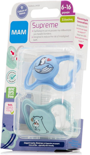 Mam Orthodontic Pacifiers Silicone with Case Teddy Bear - Blue / Green for 6-16 months 2pcs
