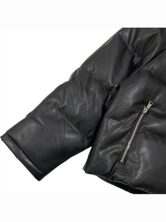 Ustyle Women's Short Lifestyle Leather Jacket Waterproof for Winter with Hood Black.