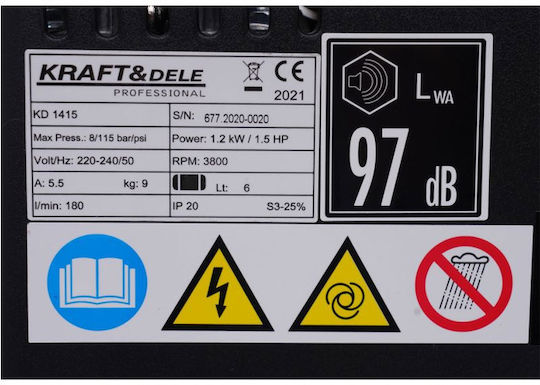 Kraft & Dele Μονοφασικό Κομπρεσέρ Αέρος με Ισχύ 1.5hp και Αεροφυλάκιο 6lt