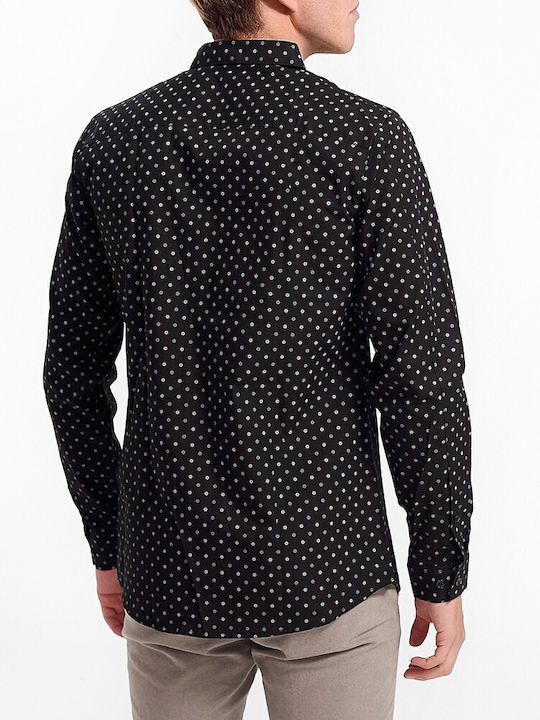 Selected Men's Shirt Long Sleeve Cotton Polka Dot Black