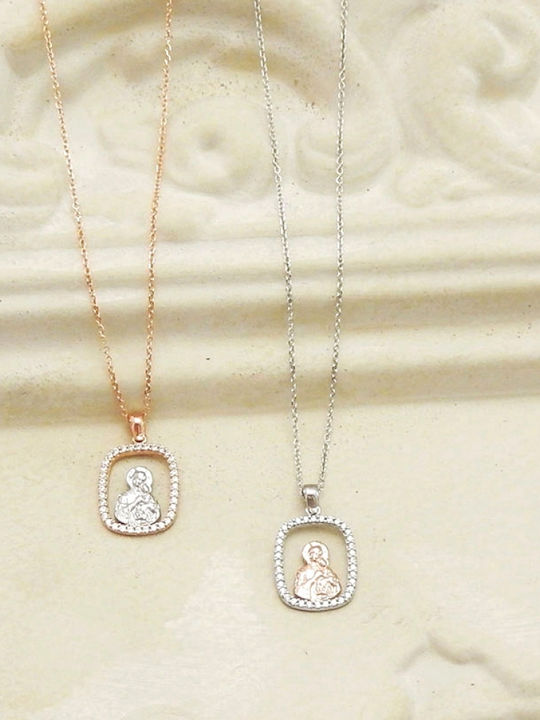 Polytimo Anhänger Kinder Amulett mit Kette mit der Jungfrau Maria aus Weißgold 9K XPK-108
