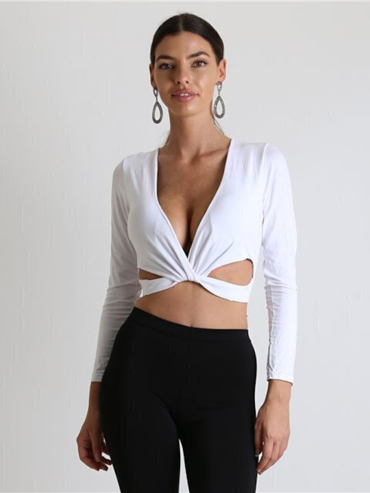 Chica pentru Femei Crop Top cu Mâneci Lungi White