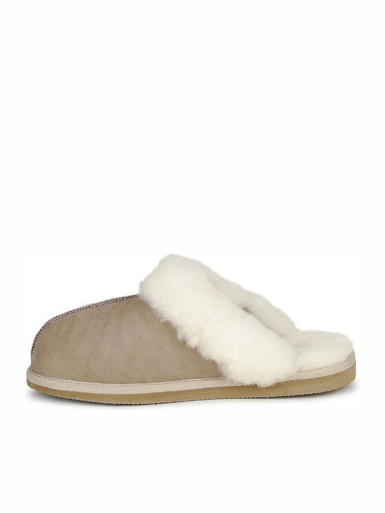 Lederne Winter Damen Hausschuhe Beige