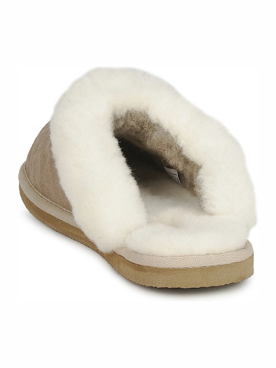 Lederne Winter Damen Hausschuhe Beige