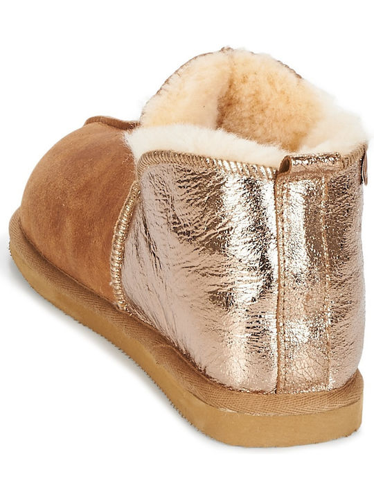 Leather Winter Women's Slippers Brown