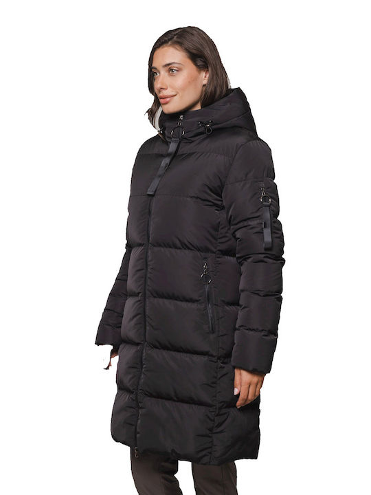 Rino&Pelle Women's Long Puffer Jacket for Winter with Hood BLACK