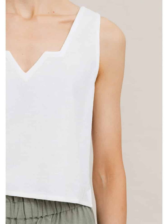 Rut Women's Blouse Cotton Sleeveless with V Neckline White.