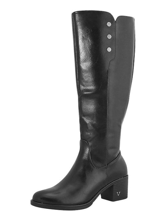 Leather Medium Heel Riding Boots with Rubber / Zipper Black
