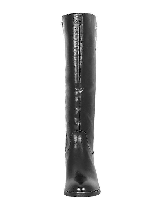 Leather Medium Heel Riding Boots with Rubber / Zipper Black