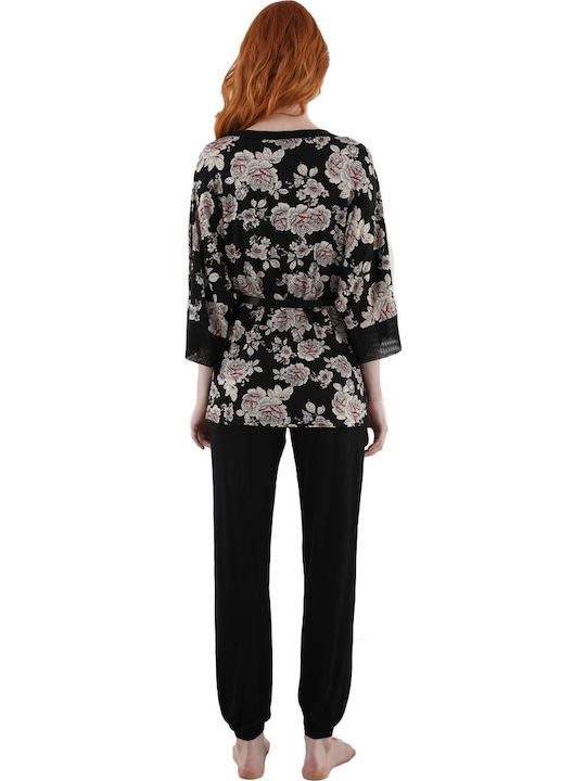 Sevim Winter Damen Pyjama-Set Satin,σατεν Schwarz