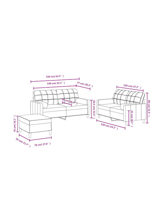 Living Room Furniture Set 2-Seater & 2-Seater & Stool Gray