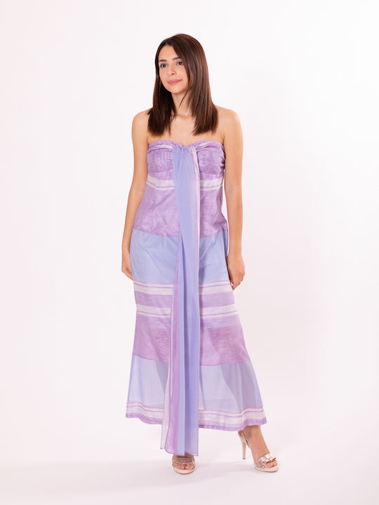 Καλοκαιρινό Maxi Φόρεμα για Γάμο / Βάπτιση Strapless LILA/LIGHT BLUE