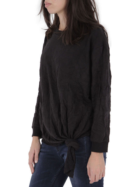 Damen Crop Top Baumwolle Langarm Schwarz