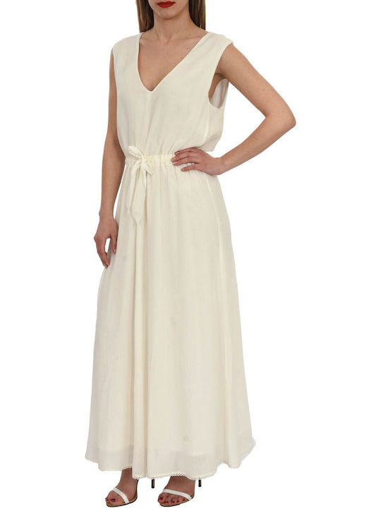 Caractere All Day Sleeveless Cotton Maxi Dress with V Neck Εκρού