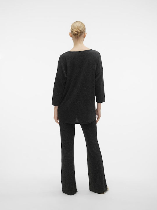 Women's Blouse with 3/4 Sleeve & V Neckline Black silver lurex