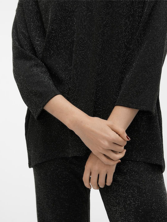 Women's Blouse with 3/4 Sleeve & V Neckline Black silver lurex