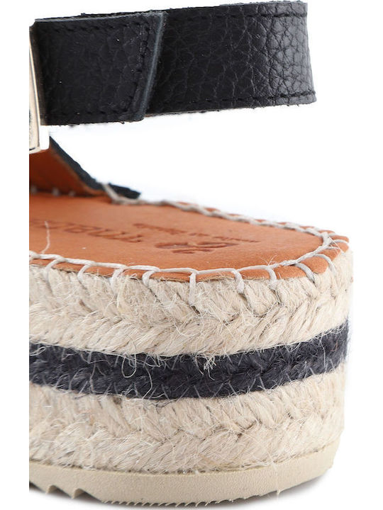 Leather Women's Flat Sandals Flatforms in Black Color