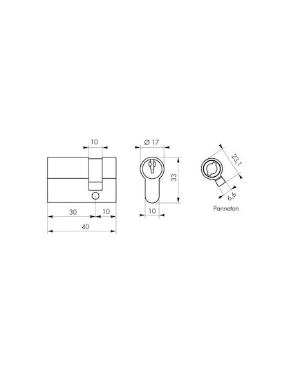 Thirard Lock Cylinder Half 40mm (30-10) with 3 Keys Gold
