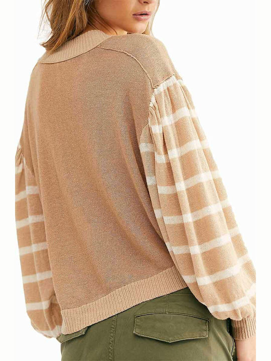 Free People Women's Long Sleeve Pullover Striped Beige