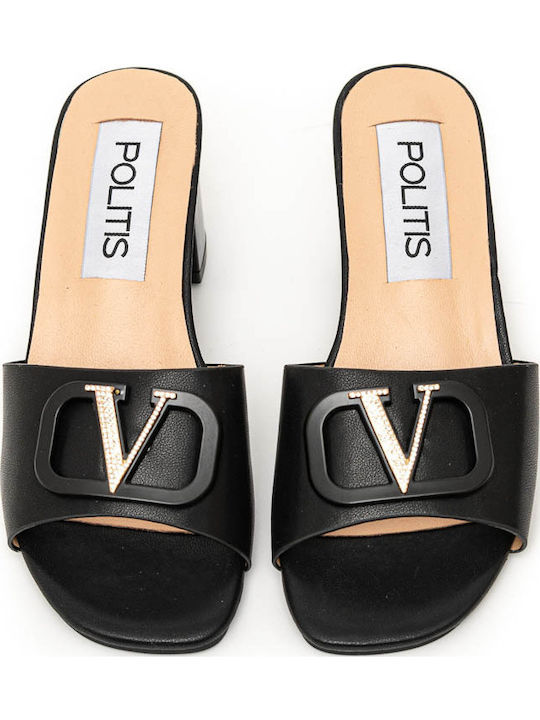 Leather Mules with Chunky Low Heel in Black Color