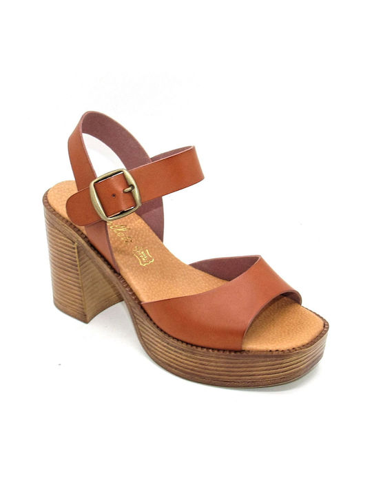 Si Bolleti Platform Leather Women's Sandals Tabac Brown with Chunky High Heel