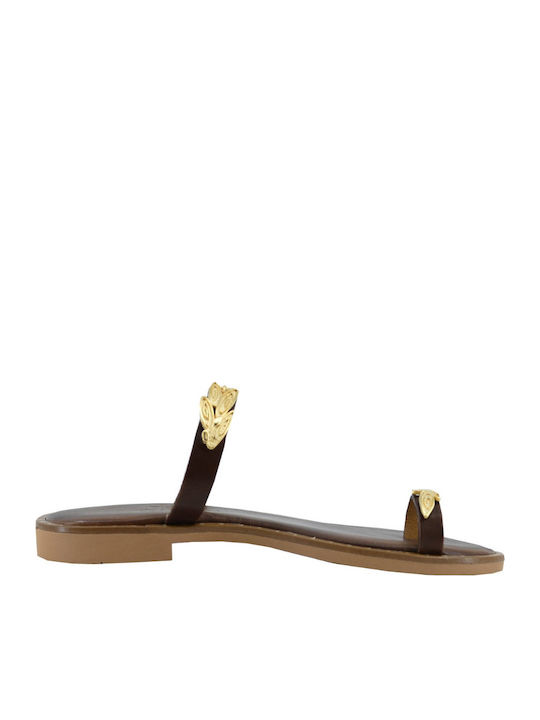 Leather Women's Flat Sandals in Brown Color