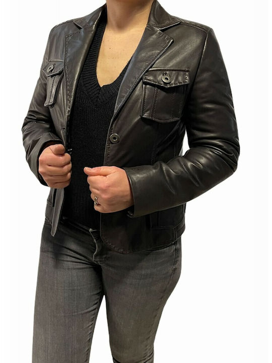 MARKOS LEATHER Scurt Blazer pentru femei Piele Cu talie Sacou Maro