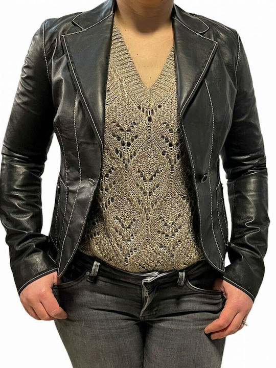 MARKOS LEATHER Scurt Blazer pentru femei Piele Cu talie Sacou Negru