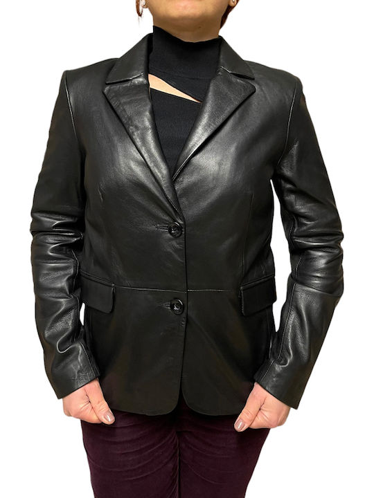 MARKOS LEATHER Γυναικείο Δερμάτινο Σακάκι Μαύρο