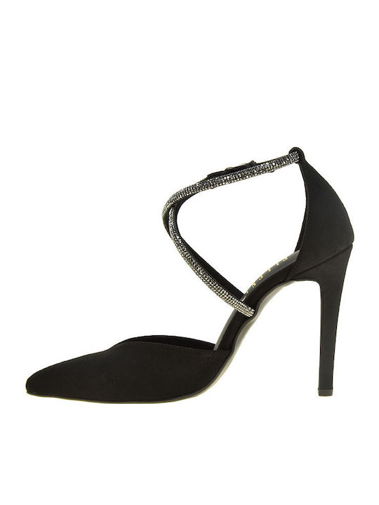 Suede Pointed Toe Black Heels with Strap