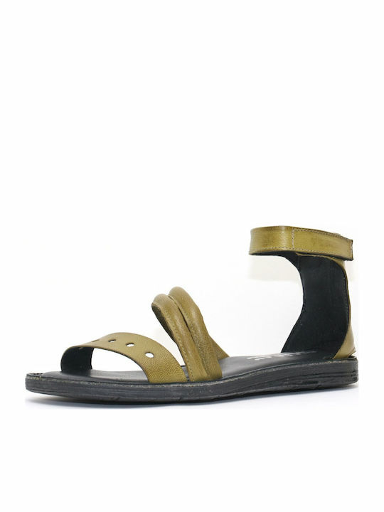 Leather Women's Flat Sandals in Green Color